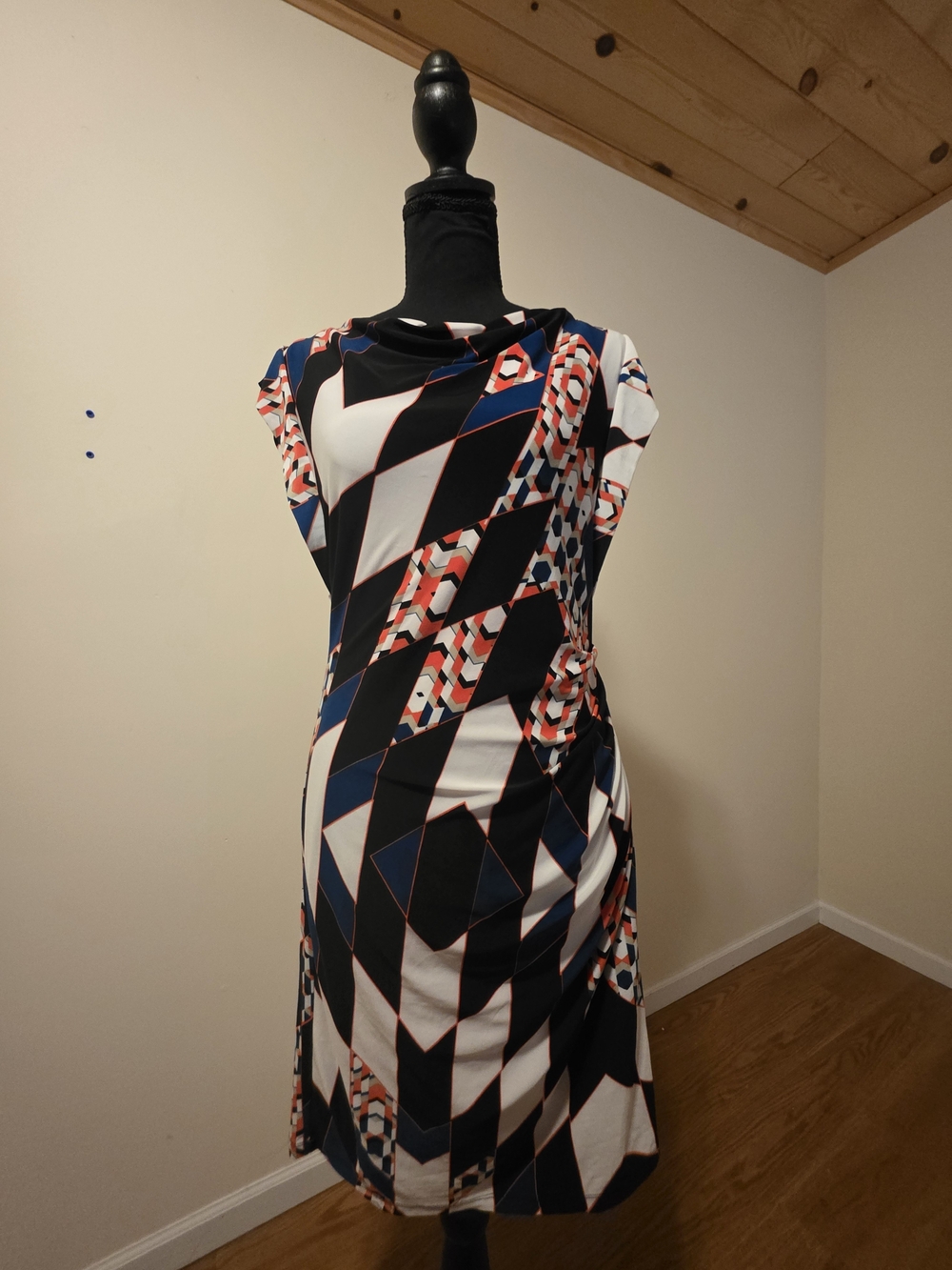 Geometric Print Multi-coloured Cap-Sleeve Midi Dress